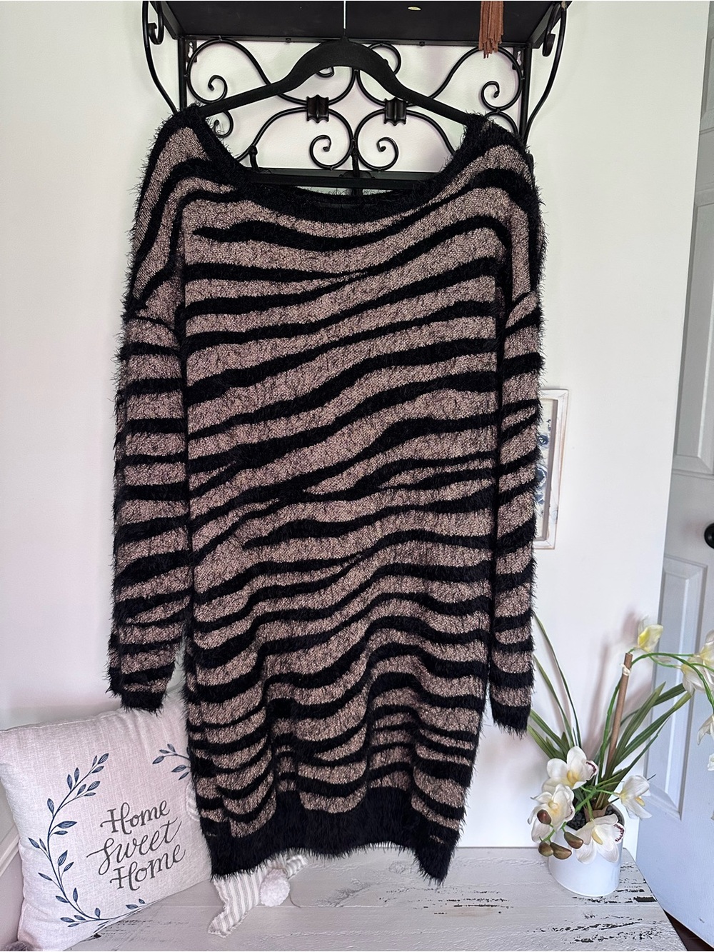 Black and Taupe Shimmery Fuzzy Zebra-Striped Women’s Sweater Dress